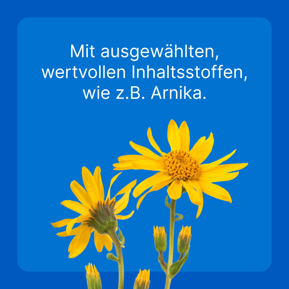 Gelbe Arnika-Blüten vor blauem Hintergrund mit dem Text 'Mit ausgewählten, wertvollen Inhaltsstoffen, wie z.B. Arnika.'