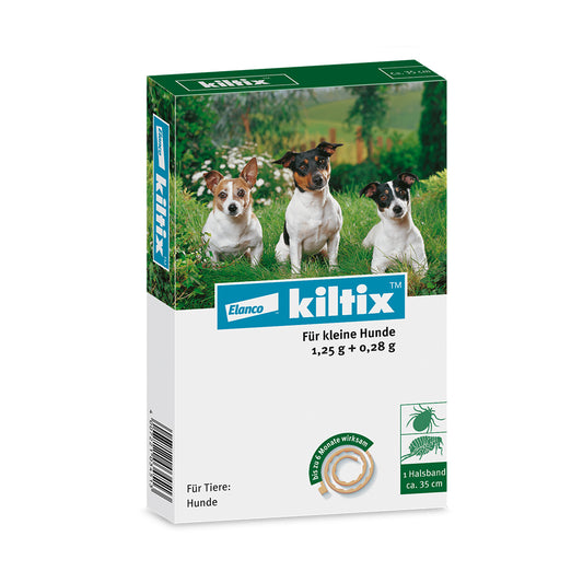 Verpackung von Kiltix Halsband für kleine Hunde, 1,25 g + 0,28 g, wirksam bis zu 6 Monate, ca. 35 cm lang, mit Bildern von drei kleinen Hunden
