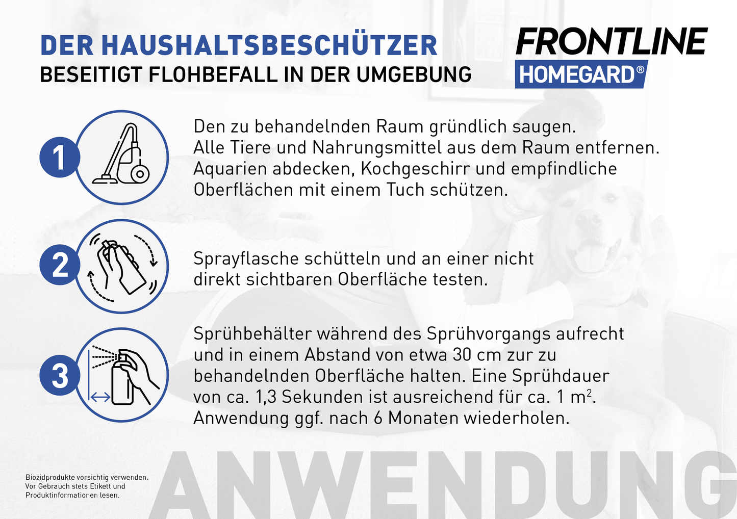 Anleitung zur Anwendung von Frontline Homegard Spray gegen Flohbefall mit drei Schritten: Raum saugen und Tiere entfernen, Sprayflasche schütteln und testen, Sprühbehälter aufrecht halten und Oberfläche aus 30 cm Abstand besprühen.