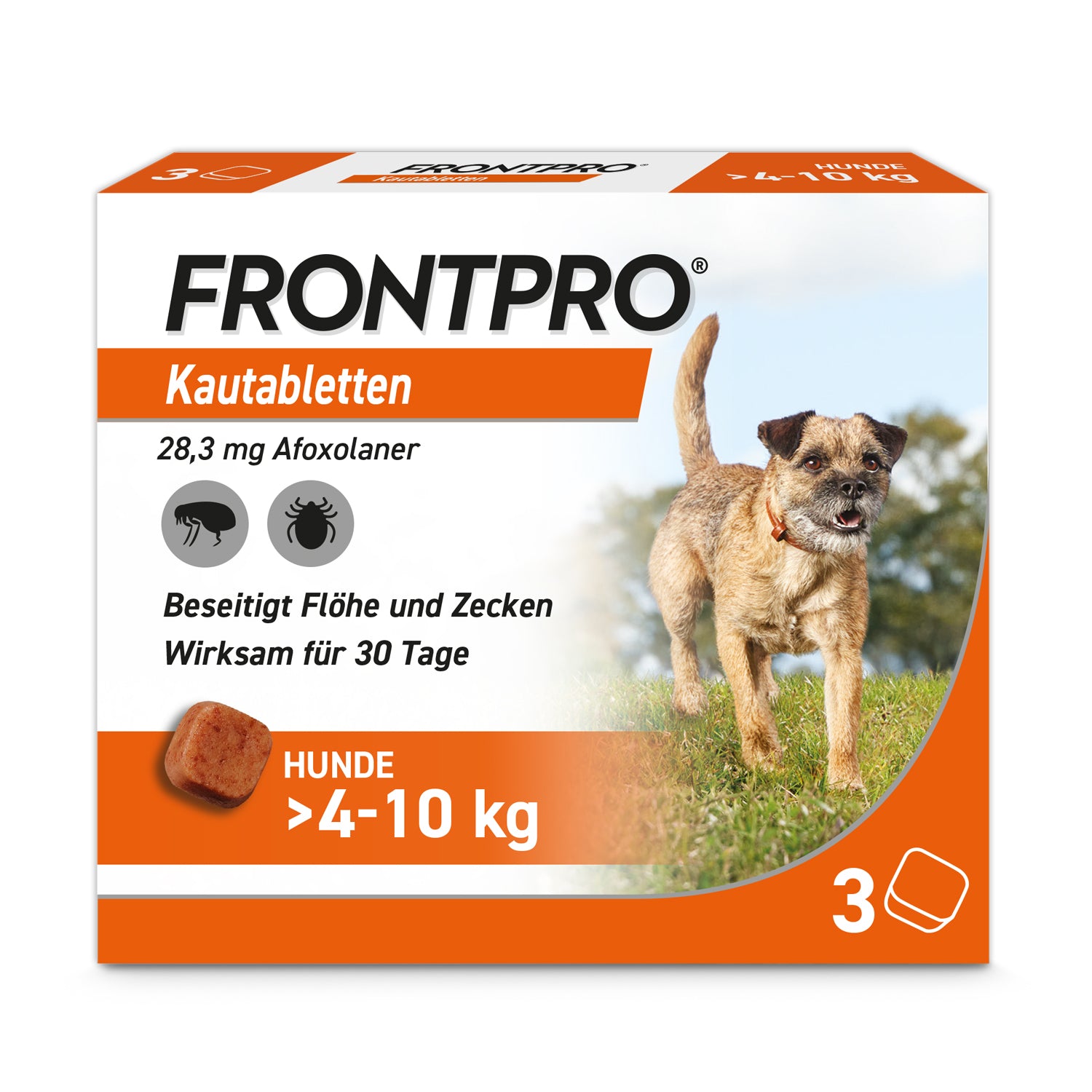Frontpro Kautabletten gegen Flöhe und Zecken für Hunde von 4 bis 10 kg, Wirkstoff 28,3 mg Afoxolaner, Packung mit 3 Tabletten