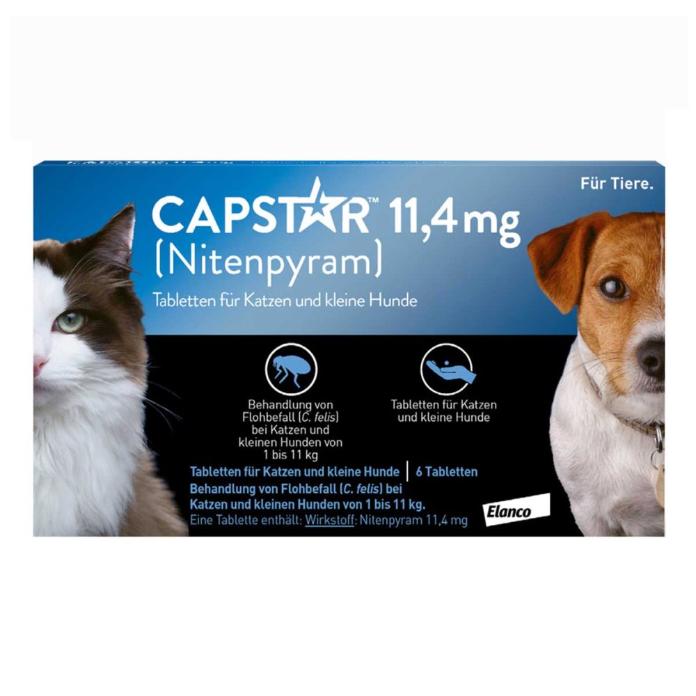 Packung Capstar 11,4 mg Tabletten mit Nitenpyram zur Behandlung von Flohbefall bei Katzen und kleinen Hunden bis 11 kg, 6 Tabletten