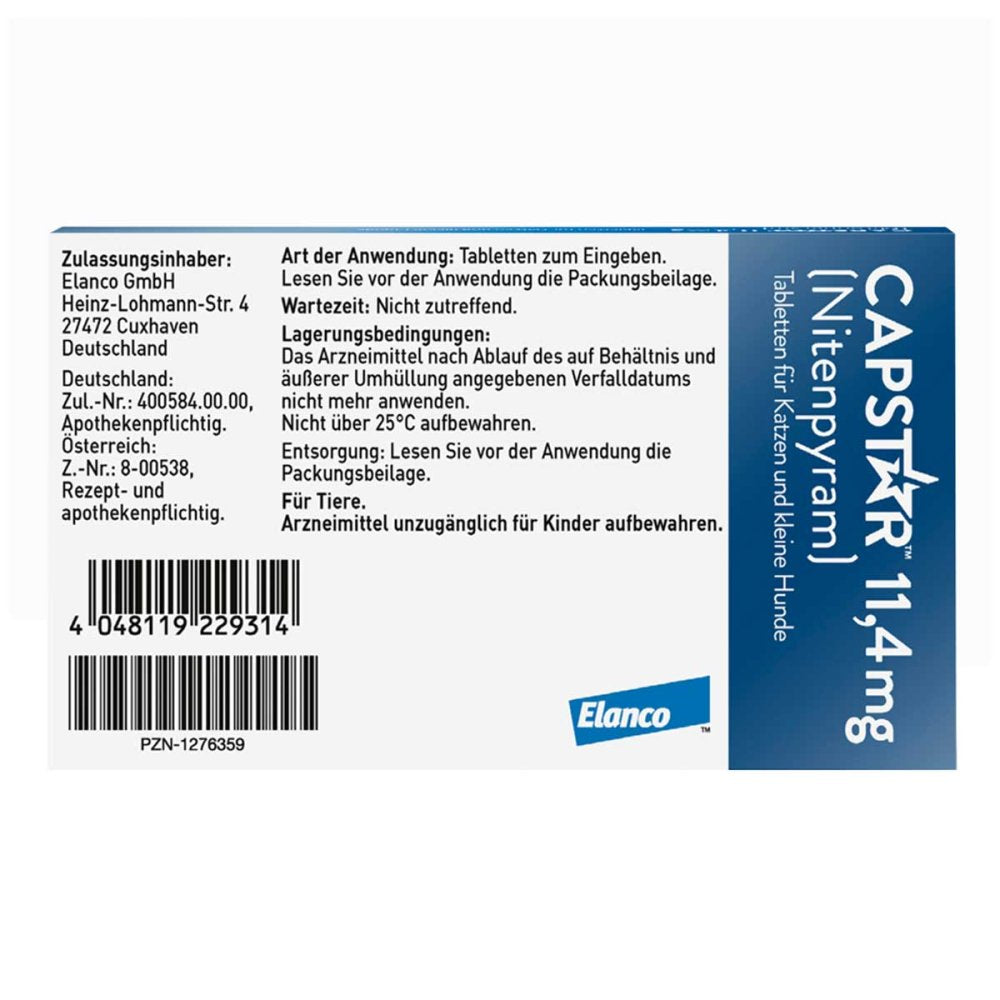Packungsrückseite von Capstar 11,4 mg Tabletten für Katzen und kleine Hunde mit Anwendungshinweisen, Lagerung und Herstellerangaben