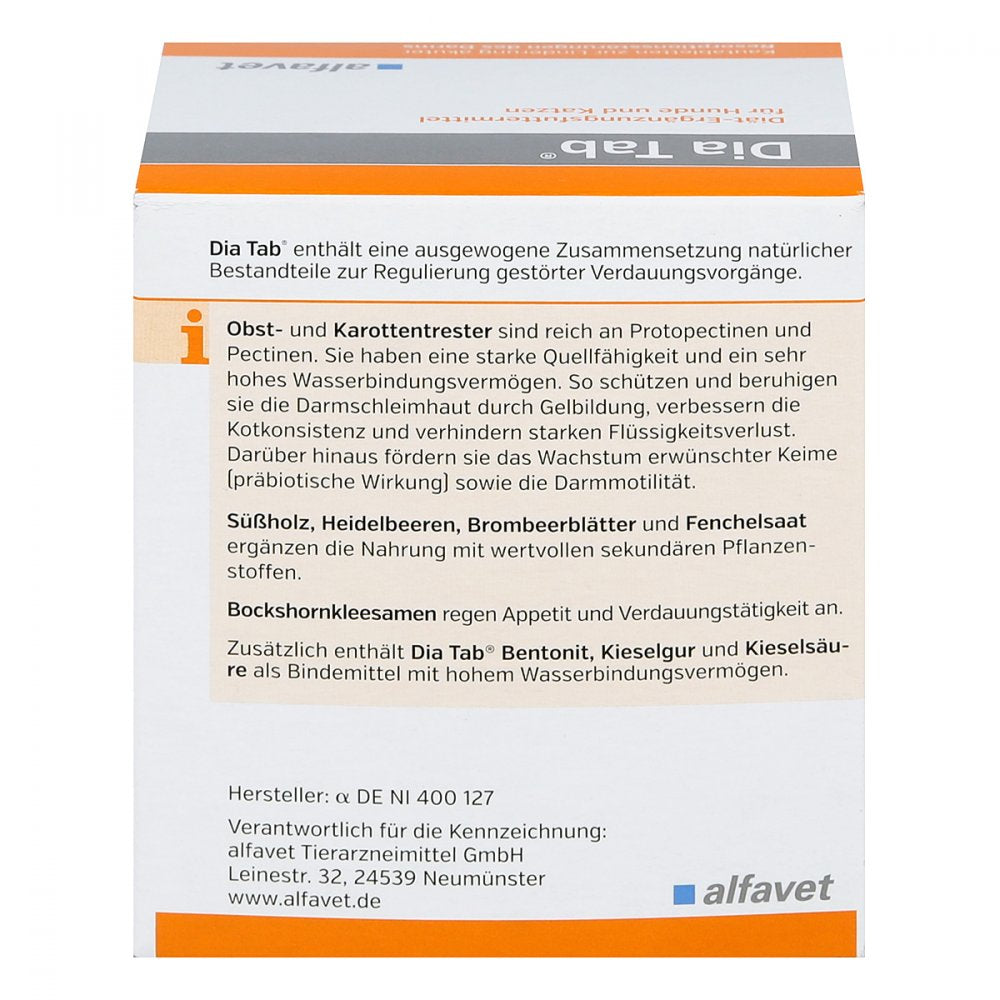 Verpackungsrückseite von Dia Tab Kautabletten für Hunde und Katzen mit Inhaltsstoffen und Herstellerangaben