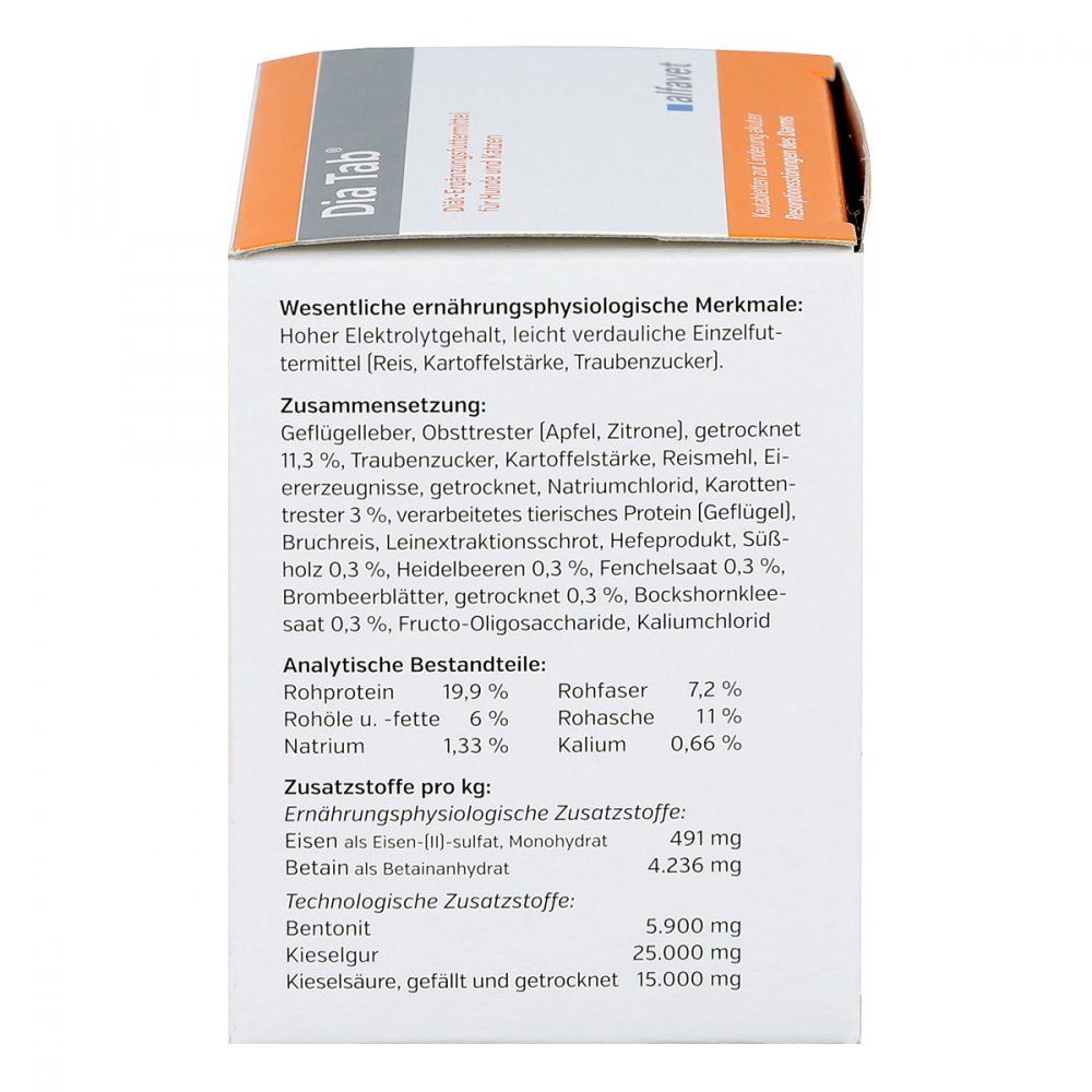 Verpackungsrückseite von Dia Tab Kautabletten für Hunde und Katzen mit Inhaltsstoffen und analytischen Bestandteilen