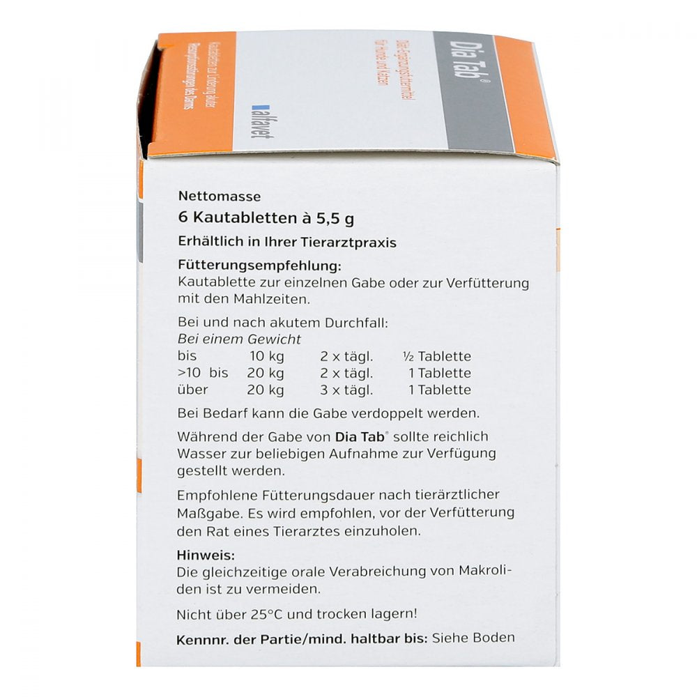Verpackungsrückseite von Dia Tab Kautabletten für Hunde und Katzen mit Fütterungsempfehlung und Lagerhinweisen