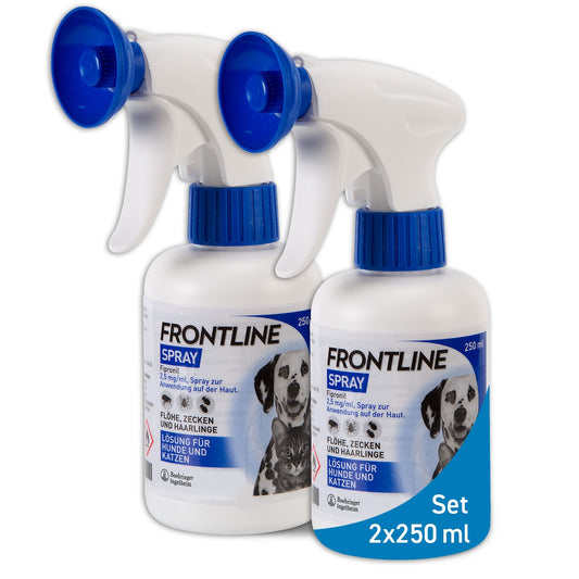 Zwei Flaschen Frontline Spray zur Anwendung auf Haut von Hunden und Katzen, gegen Flöhe, Zecken und Haarlinge, 250 ml