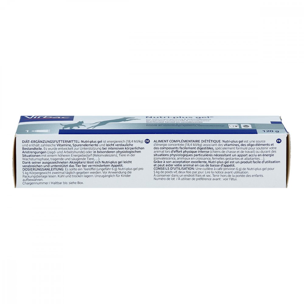 Verpackung von Nutri-plus Gel Veterinär Paste, 120 g, mit Beschreibung und Dosierungsanleitung in Deutsch und Französisch