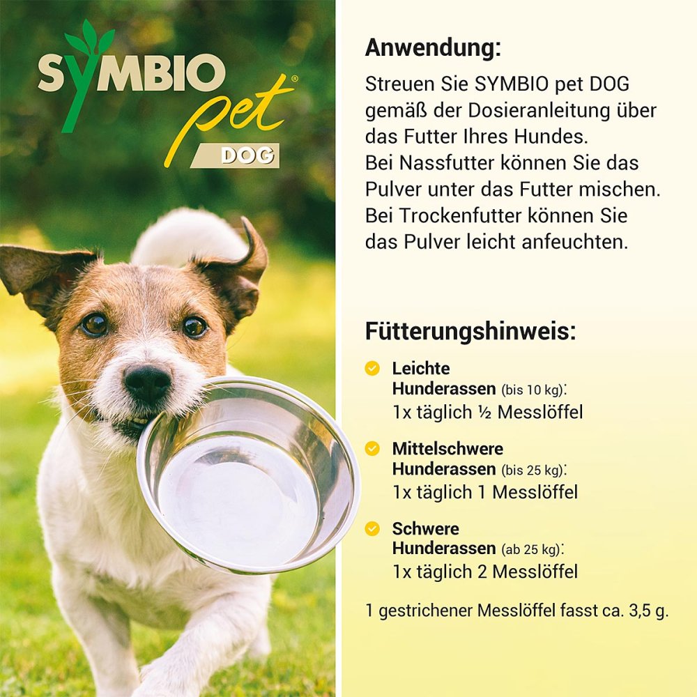 Kleiner Hund hält leere Futterschüssel im Maul, daneben Anwendung und Fütterungshinweise für SYMBIO pet DOG Ergänzungsfuttermittel
