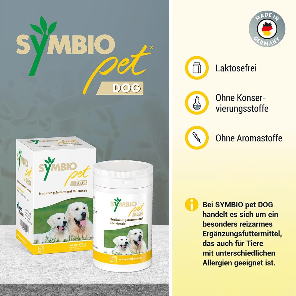 Symbio pet DOG Ergänzungsfuttermittel für Hunde, 175 g, laktosefrei, ohne Konservierungsstoffe und Aromastoffe, geeignet bei Allergien, hergestellt in Deutschland