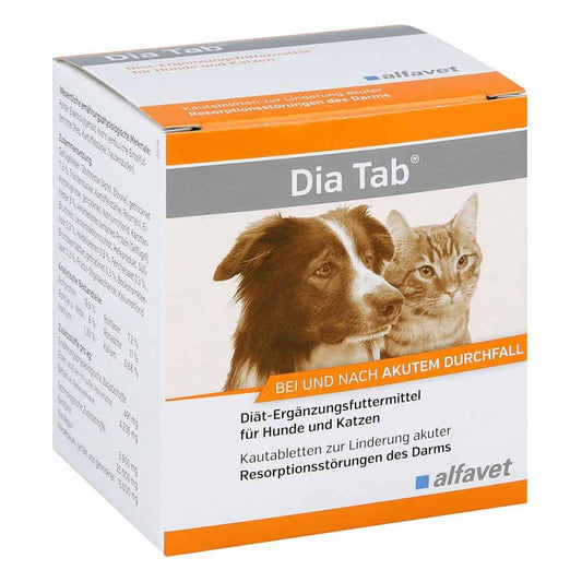 Packung Dia Tab Kautabletten von alfavet für Hunde und Katzen zur Linderung akuter Resorptionsstörungen des Darms bei Durchfall